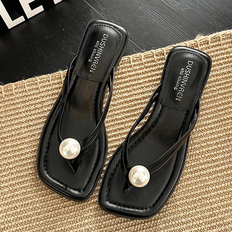 Fashion Bead Designer Women Heeled Slippers Clip Toe Sandals Woman Flip Flops Fashion Slides Summer 2025 New Elegant Sandalias De Mujer