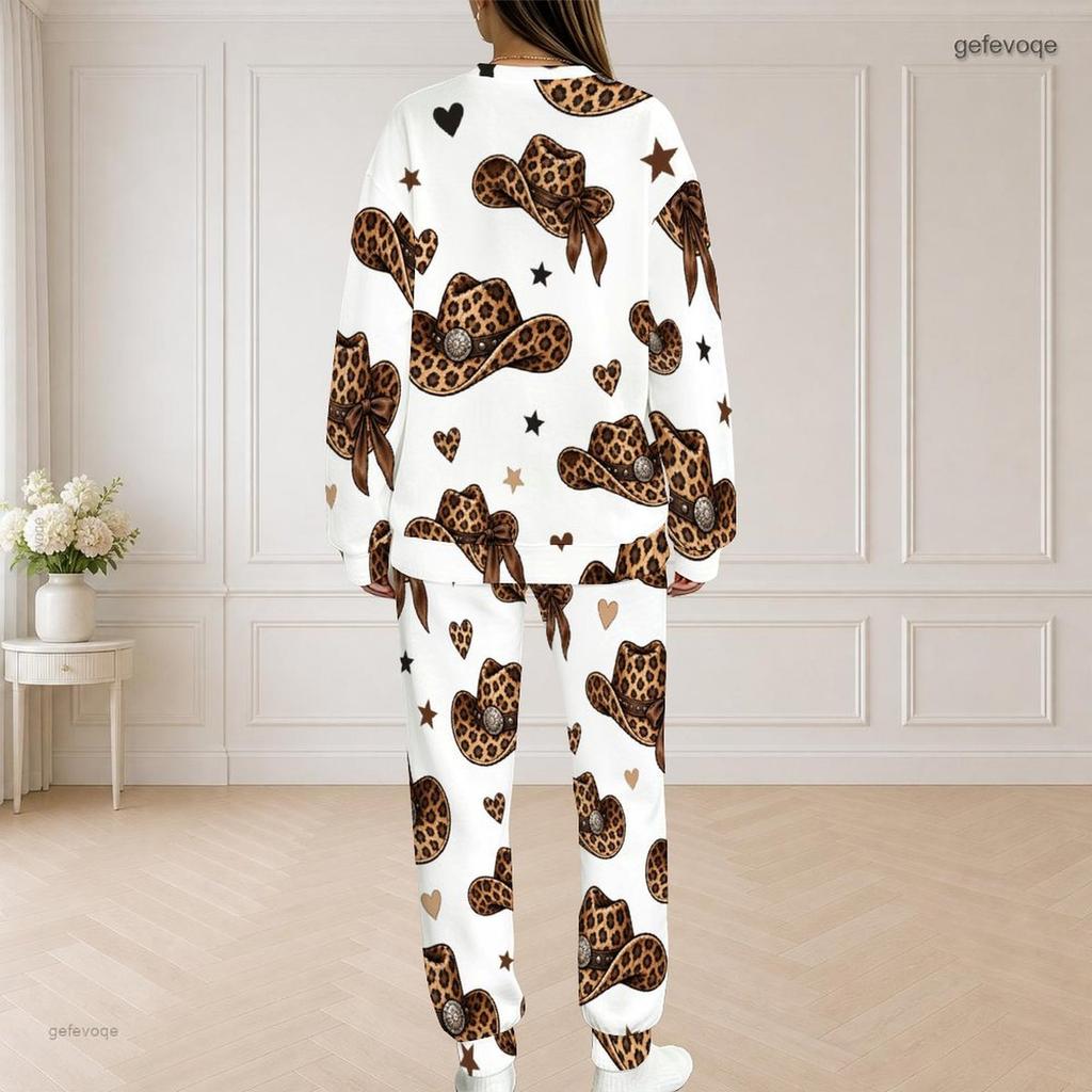 Women Plus Size White Printed Round Neck Long Sleeve Top And Long Pants Two Piece Set