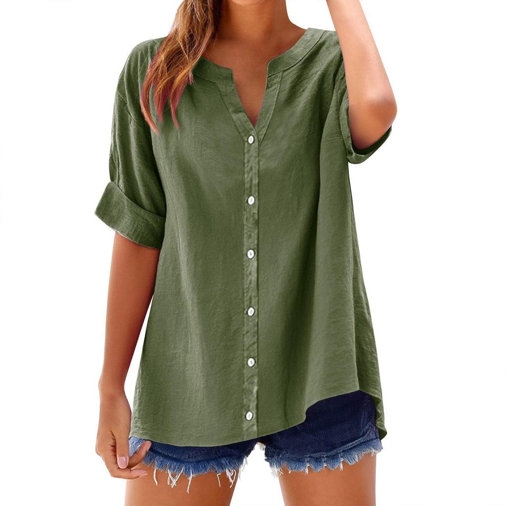Spring and Summer New Button Shirt, Casual, Loose and Elegant Plus-size V-neck Top