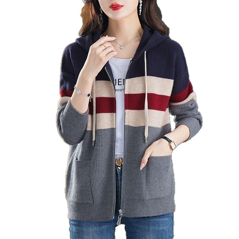 Autumn color matching hooded knitted cardigan women's top 1011 new women's striped sweater jacket autumn and winter