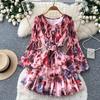 Französischer romantischer Stil V-Ausschnitt Träger Taille geblümtes Kleid Damen Sommer dünn Rüschenrand Temperament A-Linien Rock
