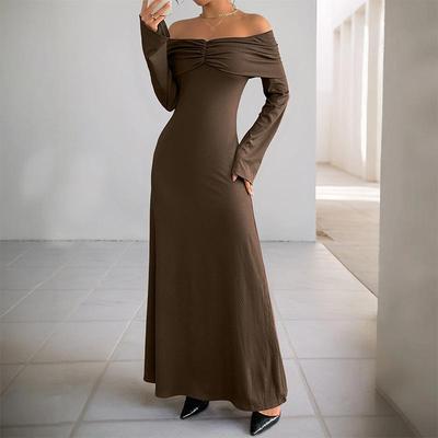 Women's Fashion Spring Fall Solid Color Print Long Sleeve One Shoulder High Waist Casual Dresses