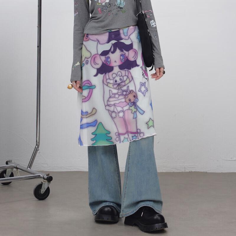 UNIFREE Illustrator Collaboration Hand-Painted Mesh Midi Skirt One Size