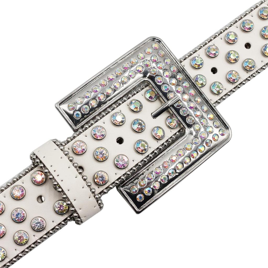 New Trendy PU Leather Belt with Rhinestone Square Buckle - Y2K Western Style