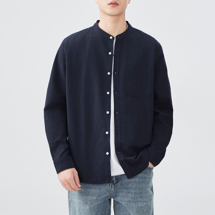 

Японская ретро весенняя мужская рубашка из чистого хлопка со стойкой воротником и длинным рукавом, американская рабочая одежда, повседневная рубашка 3XL