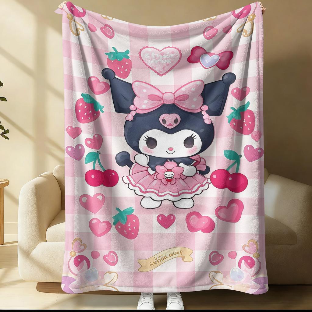 Kuromi Lightweight Cozy Flannel Blanket Cute Strawberry Cherry Heart Pattern Flannel Plush Throw for Home Bedroom Living Room