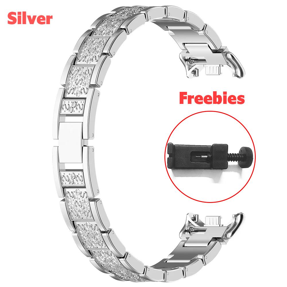 Mi Band 10 Bracelet Diamond Metal Slim Dressy Wrist Band for Xiaomi Smart Band 9 8 Wristband Bling for Women Watchband Strap Alloy Silver