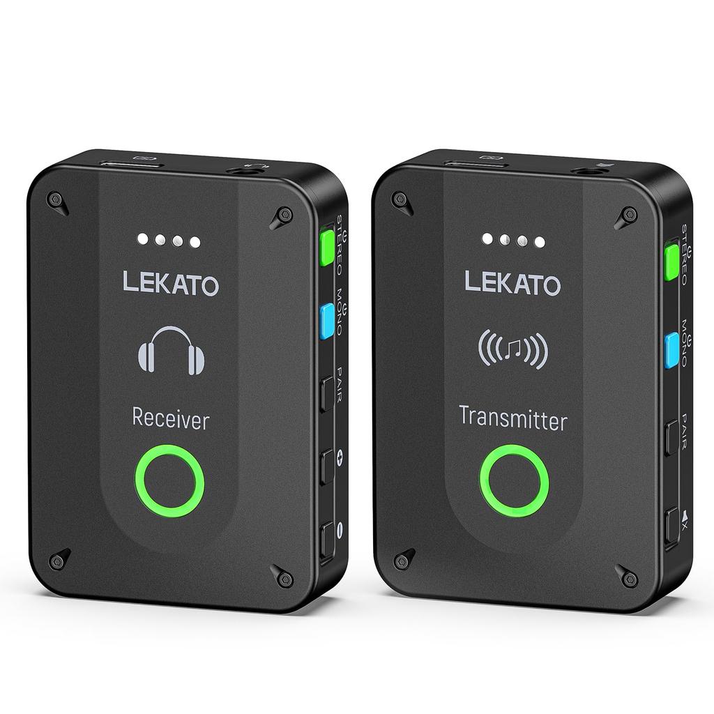 LEKATO Drahtloses In-Ear-Monitorsystem mit geringer Latenz, Mono-Umschaltung, Ein-Tasten-Stummschaltung, Wiederaufladbar, Automatische Kopplung, Sender und Empfänger für Live