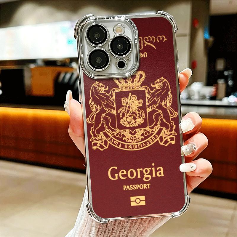 Georgia Passport Flag Plating Phone Case For Iphone 16 17 Pro Max Air 16E 14 15 Plus 12 13 Mini Anti-Fall Airabag Cover