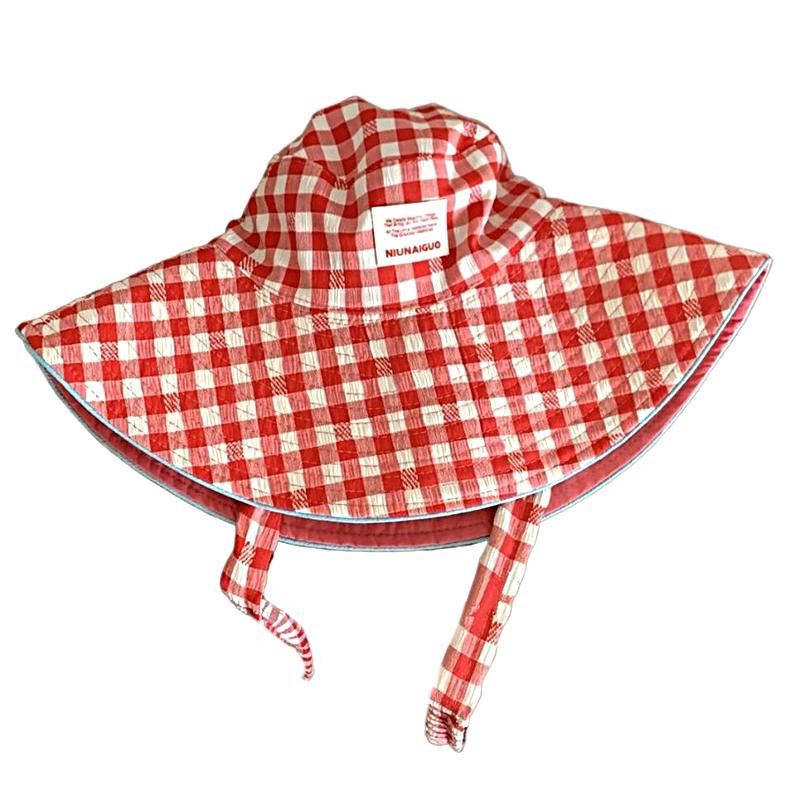 Women Sun Hat Sweet Plaid Wide Edge Fisherman Hat Outdoor Sun Protection Hat Travel Lace Up Hiking Large Brim Beach 5 Colors