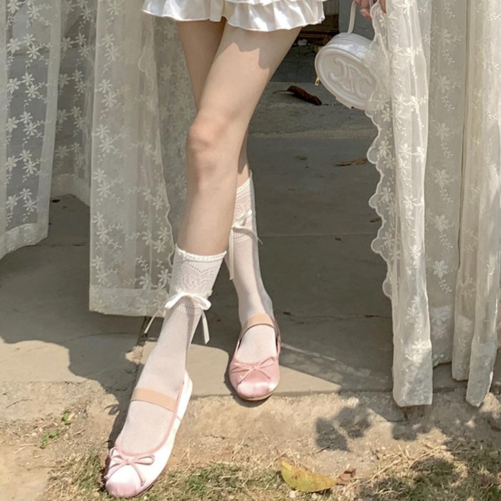 Japanese Women Girls Vintage Hollow-Out Lace Over Calf Long Socks with Cute Bows