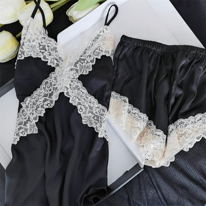Sommer Frauen Strumpf 2Pcs Pyjamas Set Sexy Patchwork Spitze Chemise Nachtwäsche Intimate Dessous Lose Seide Satin Hause Kleidung
