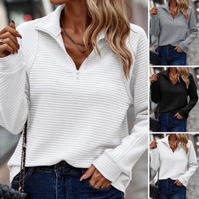 Women Fall Spring Sweatshirt Zippered Stand Collar Long Sleeves Solid Color Patchwork Loose