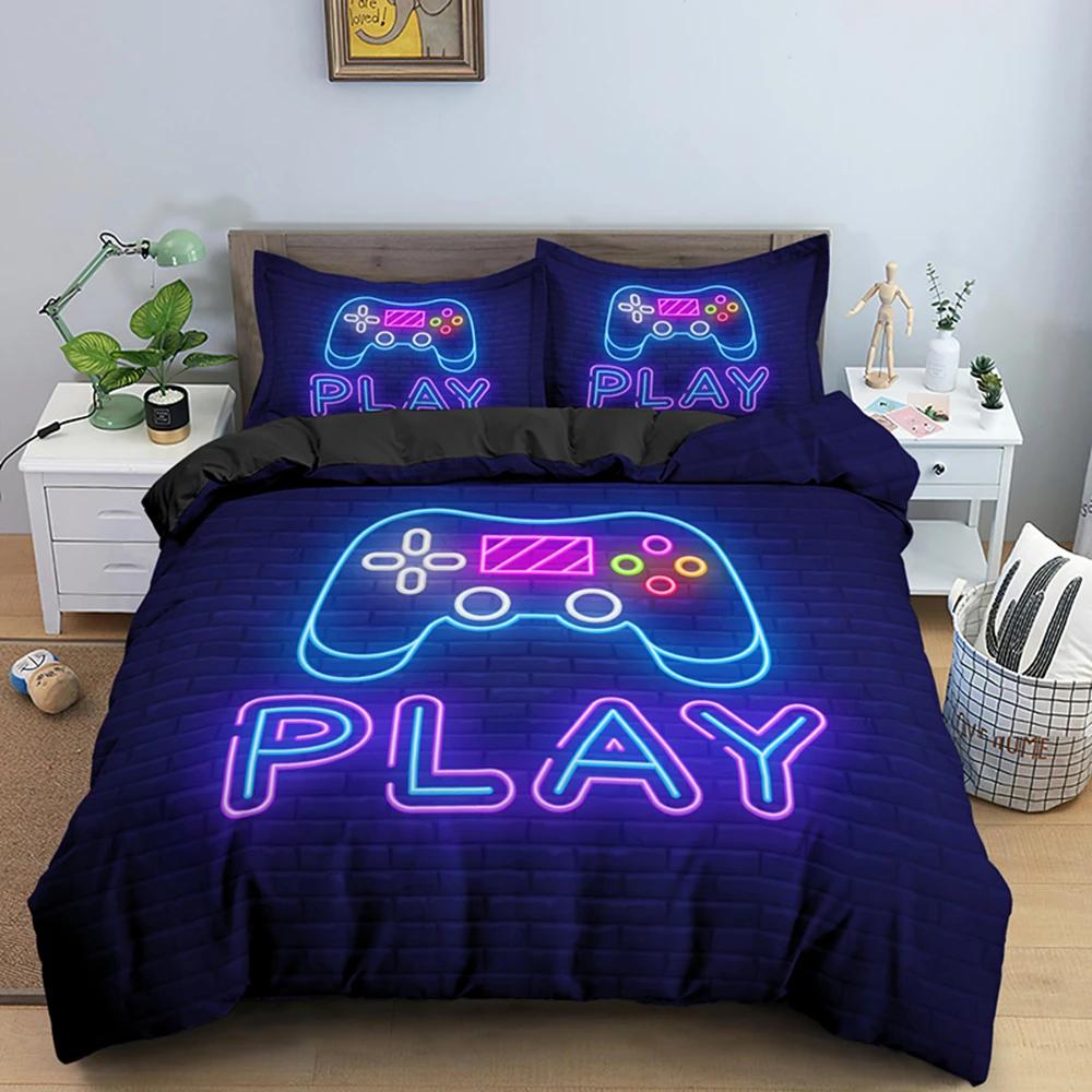 Gaming Gamer Duvet Cover Set Gamepad Bedding Set,Video Game Comforter Cover Neon Gamepad Geometry Brick Wall Design Quilt Cover