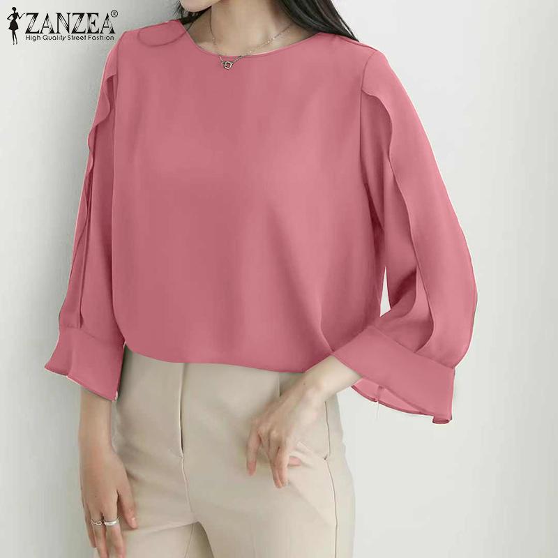 ZANZEA Women Casual Round Neck 3/4 Sleeve Solid Color Loose Blouse