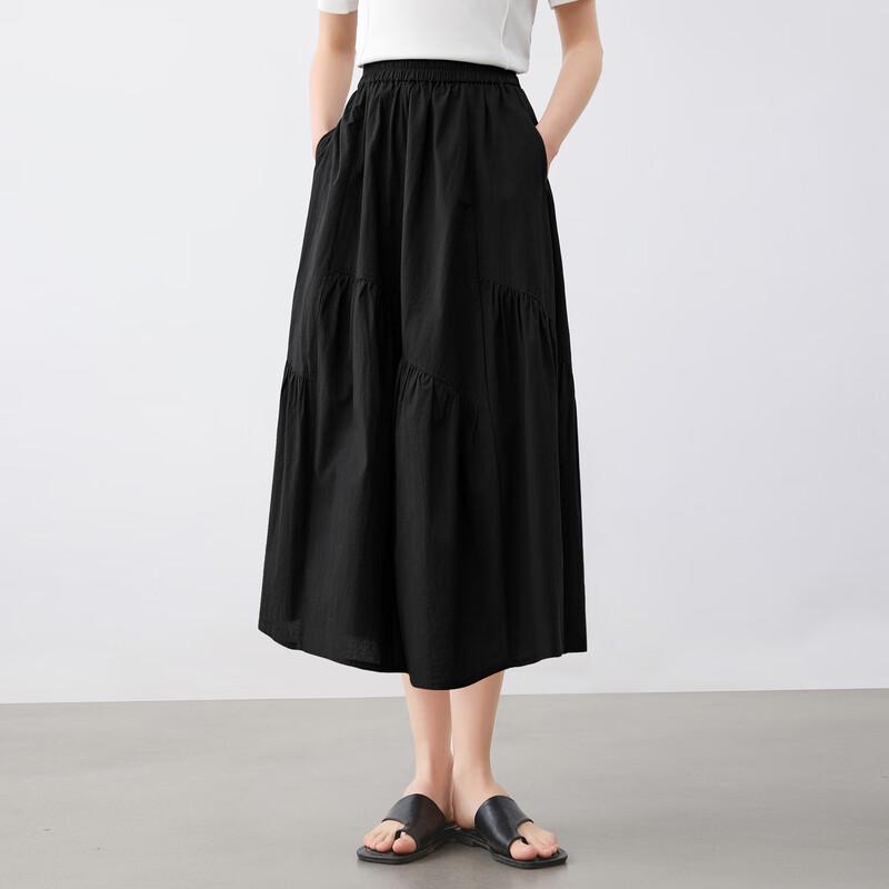 Elva' Island Women's Black High-Waisted Pleated A-Line Midi Skirt