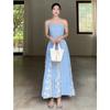 Seaside vacation tube top suspender dress new unique and beautiful blue grid splicing lace dress women's summer
