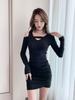 Early Spring Sexy Off-shoulder Long-sleeve Dress for Women, Designed Slim Stretch Versatile Unique Pencil Skirt