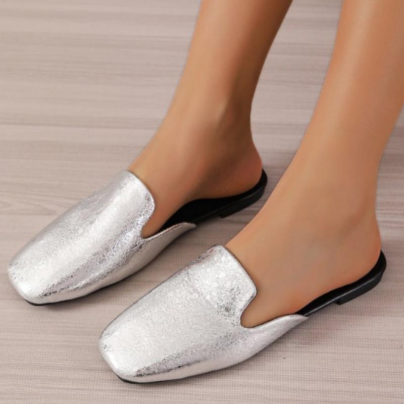 Sommar Flats Damskor Tofflor med Stängd Tå Nya Fyrkantiga Tå Lätta Slip-on Mules för Kvinnor Utomhus Damer Casual Slides Skor