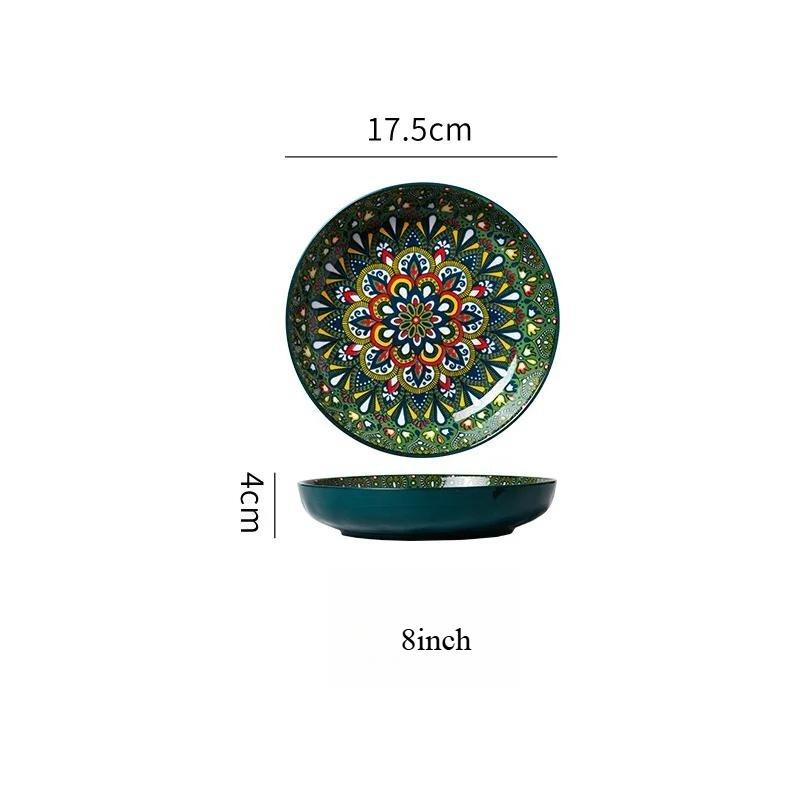 Bohemian Hand Painted Ceramic Plate 7/8 Inch, Colorful Mandala Porcelain Dinner Plate, Vintage Decorative Serving Dishes for Kitchen Dining Home Decor