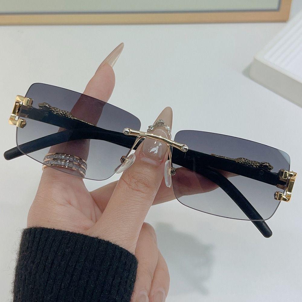 Trendy Rectangular Sunglasses For Women Men Cut-Edge Rimless Shades Uv400 Protection Sun Glasses Leopard Decor Frameless Eyewear