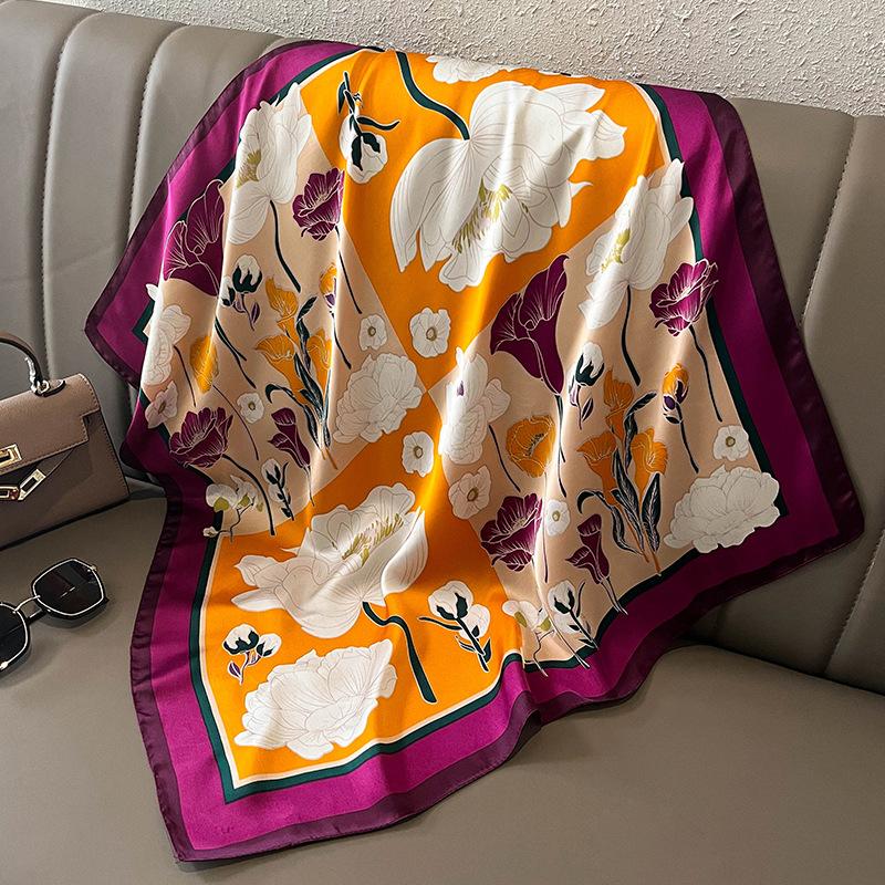 27.5" Elegant Floral Print Satin Square Scarf for Women Soft Lightweight Shawl Neck Accessory Headband Sun Protection Scarf