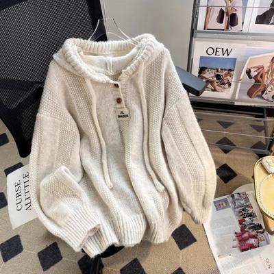 Trui met capuchon Dames Herfst en Winter Nieuwe Losse Lazy Style Zachte Waxy Trekkoord Gebreide Pullover Geribbelde Top