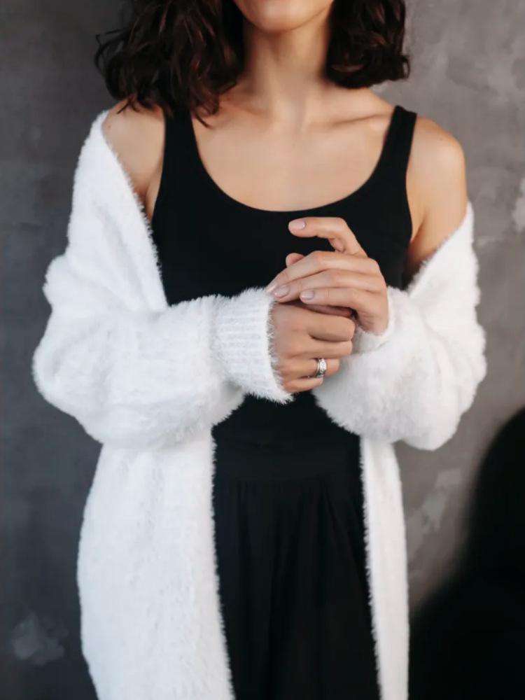 Damen Casual Nerzartiger Weißer Strickpullover Cardigan für Herbst & Winter