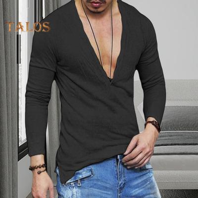 Men T-shirt V-neck Buttons Half Placket Long Sleeve Tee Shirt Solid Color Slim Fit Regular Style Breathable Tops