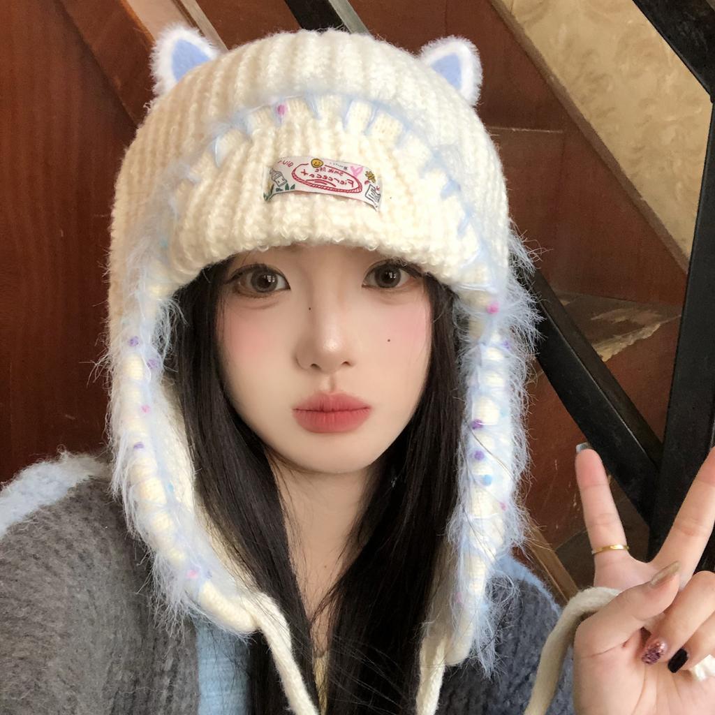 Cute cat ears ear protection knitted wool hat women's warm Lei Feng hat big head circumference cold protection pullover hat