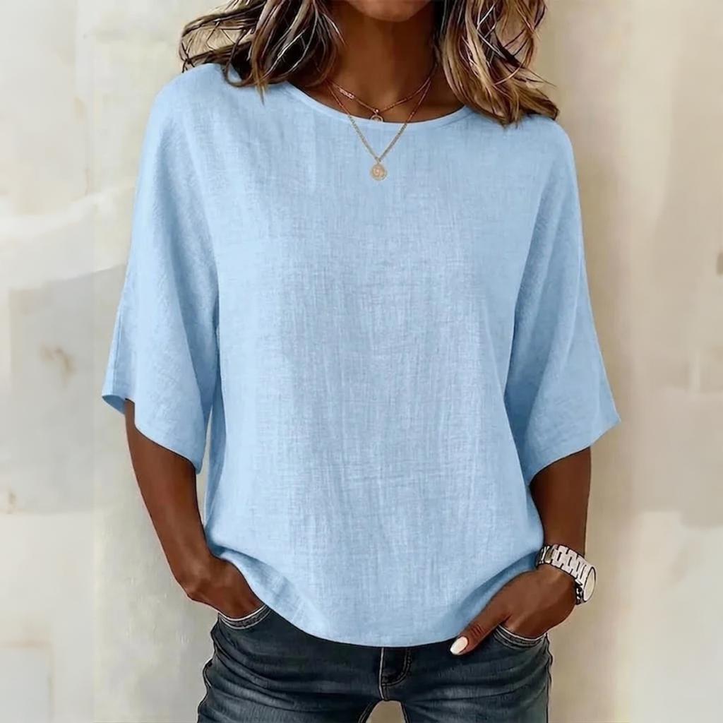 Women's Vintage Neck Short Sleeve T-Shirt Loose Fit Blouse for Everyday Wear