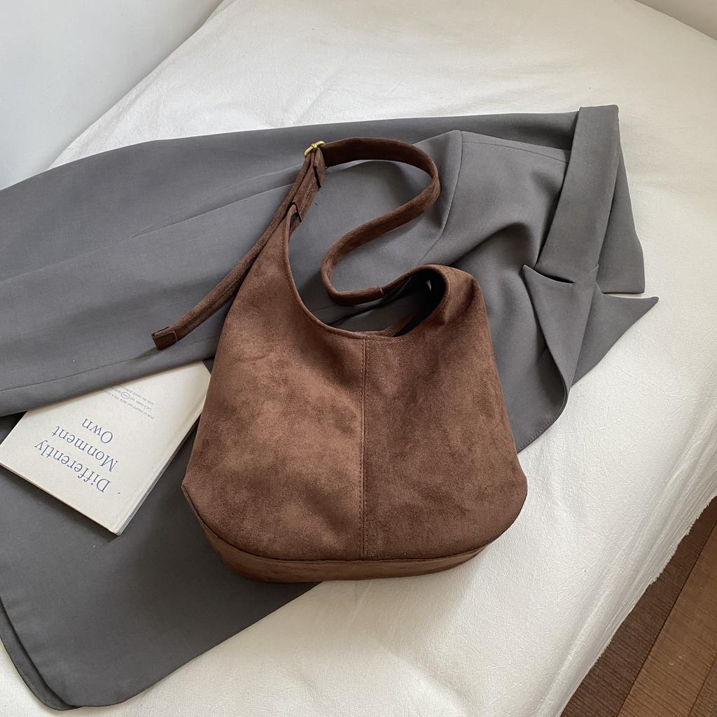 Autumn Winter Large Capacity Suede Shoulder Bag Women's Casual Buckle Shopping Tote Bags Solid Color Student Book Handbags