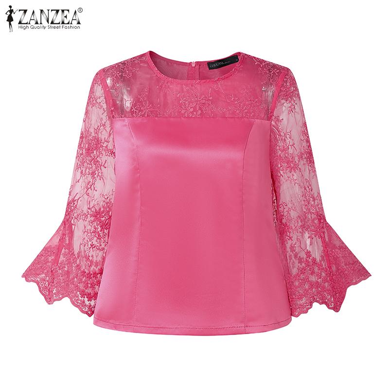 ZANZEA Women Casual Lace Splice Round Neck Summer 3/4 Sleeve Blouse