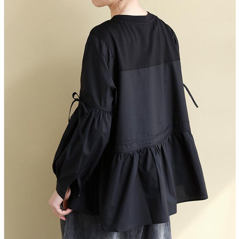 Clothes for Women Korean Fashion Bow Cute Chic Blouses Vintage Ruffled Patchwork Oversized Shirts Solid O Neck Long Sleeve Tops