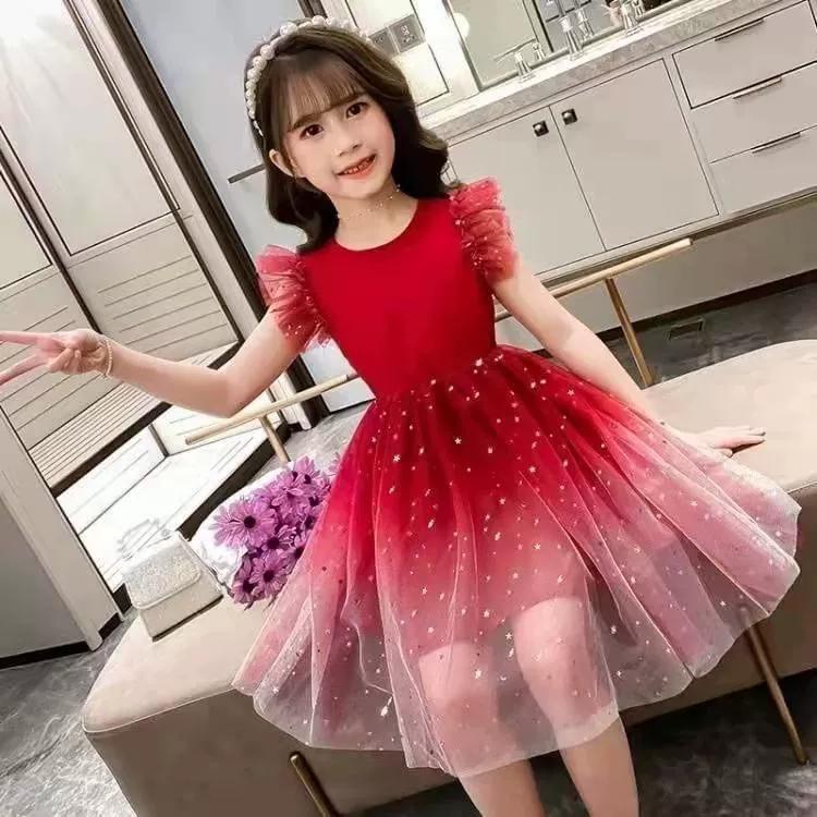 

Летнее платье для девочек с градиентным принтом в виде звезд, с коротким рукавом, милая и красивая юбка 110 красный