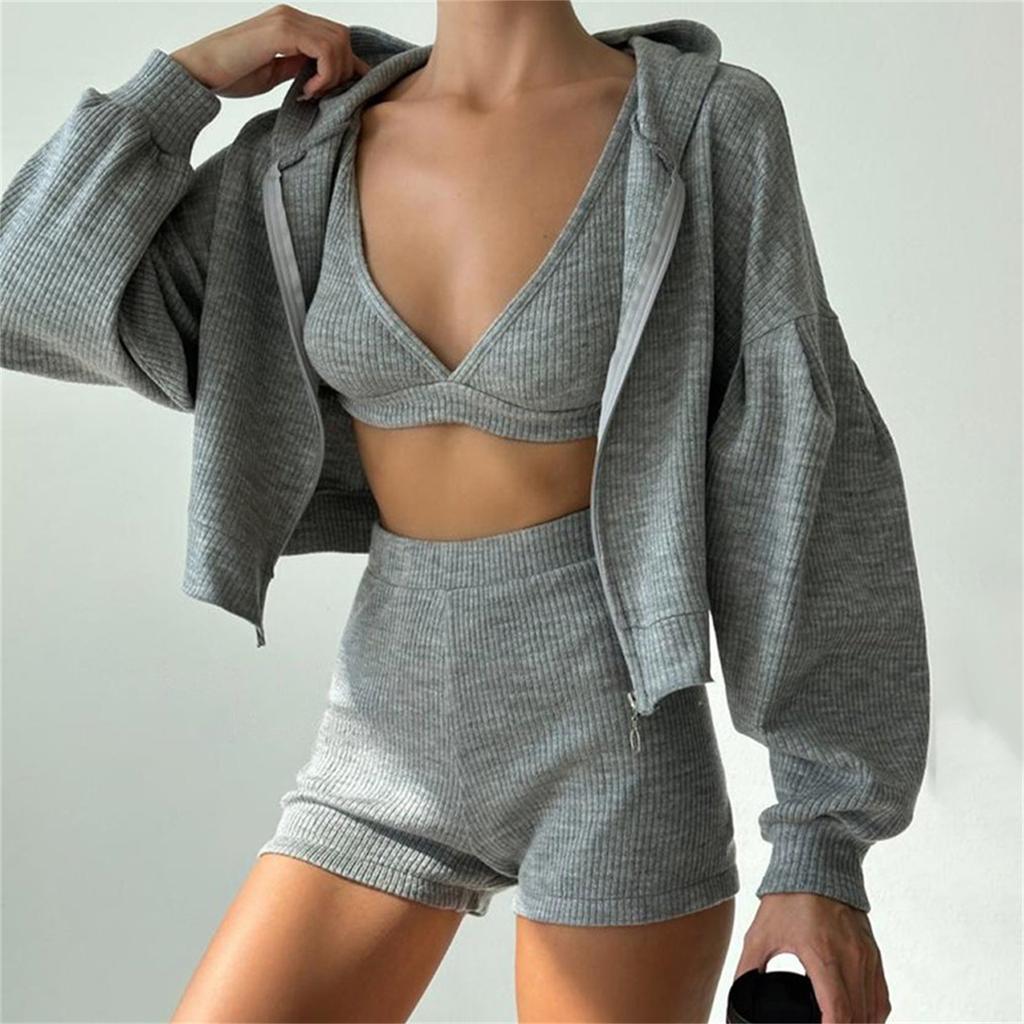 Women's Casual Solid Color V-neck Vest Shorts Coat Three Piece Suit