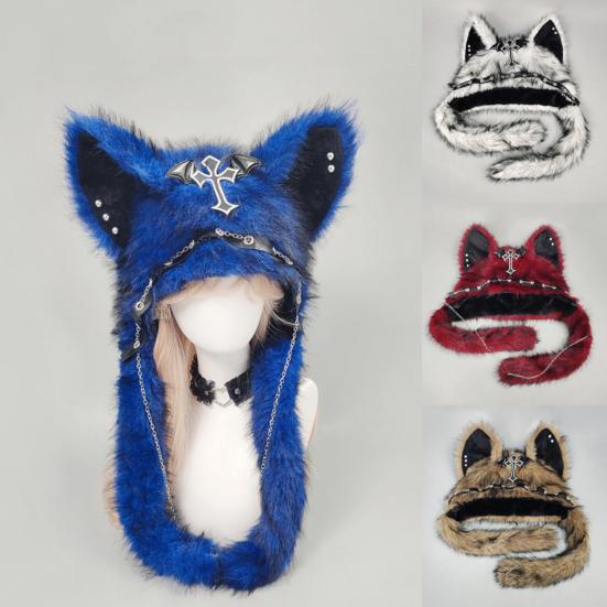 Caldo cappello invernale, adorabile cappello con animale di peluche, copricapo con orecchie di gatto pelose, accessori unici per cosplay, berretto morbido per costume di Halloween, tema festivo