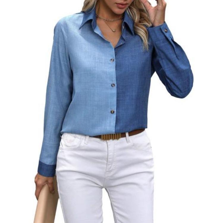 Women Long Sleeve Shirt Lapel Color Blocking Casual Tops Daily Wear Single Breasted Regular Fit