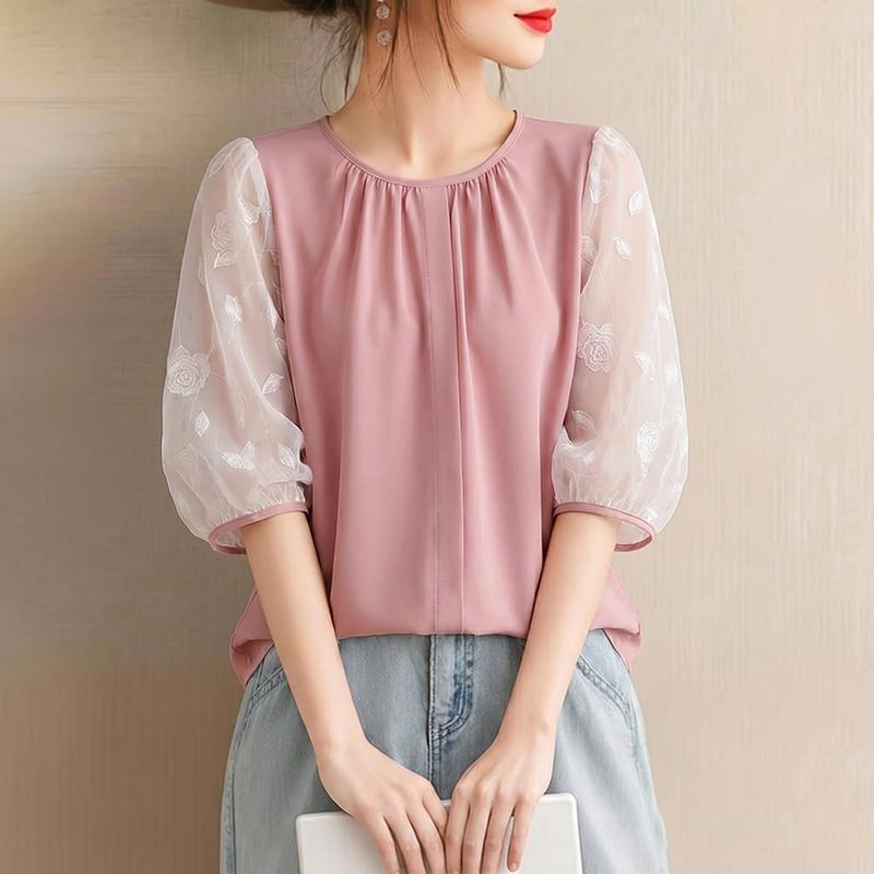 ZANZEA Women Casual Round Neck Sheer Mesh Splice 3/4 Sleeve Elegant Blouse S розовый