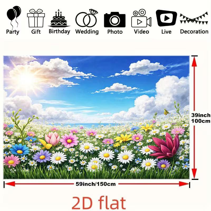 2D Spring Nature Backdrop, Colorful Daisy Flower Field with Sunny Sky Background