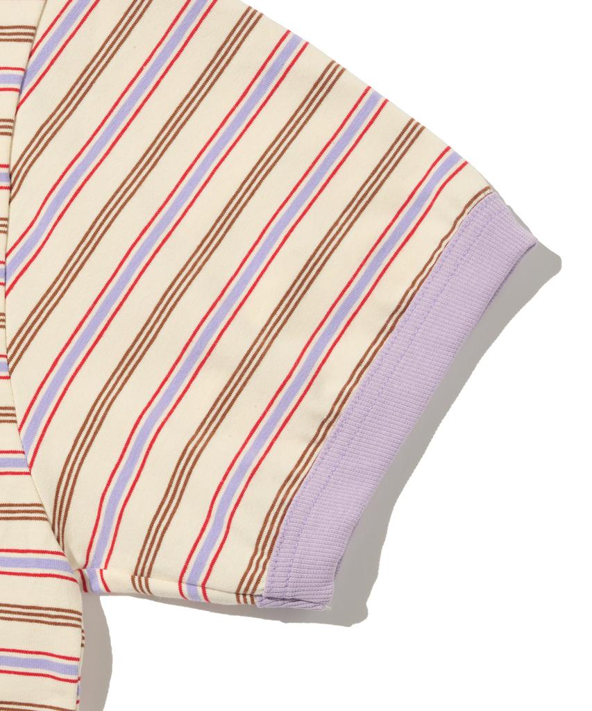 TAILOR STUDIO Soft Campus Striped Short Sleeve Tee (Ivory/Purple)