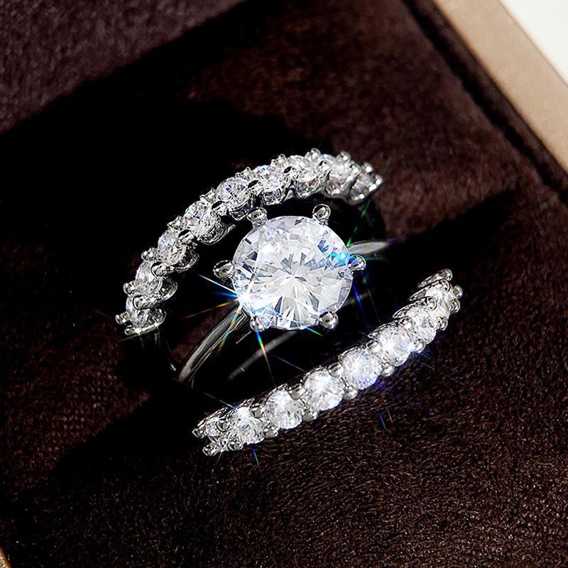 Huitan New Arrival Wedding Set Rings for Women Luxury Paved Brilliant Cubic Zirconia 3Pcs Crystal Fashion Rings Female Jewelry