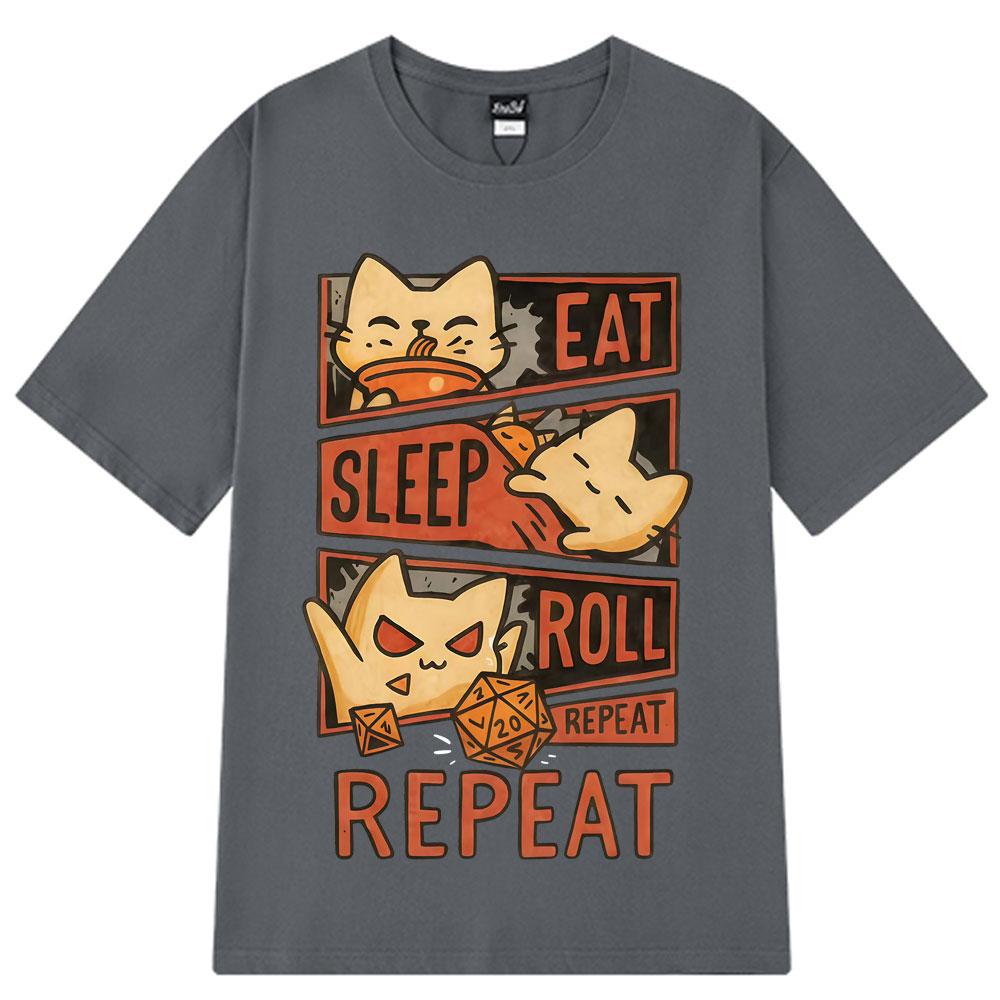 2026 Summer Cotton Tee Eat Sleep Roll Repeat Cat Graphic Unisex WOMEN Plus Size Loose Casual Hip Hop Streetwear Breathable Top