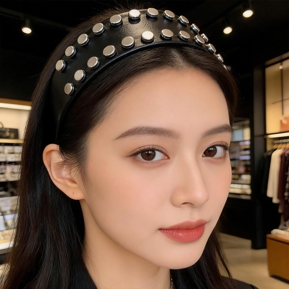 Vintage Wide Brim Hair Hoop PU Leather Face Wash Headwear Cool Rivet Headband Outdoor