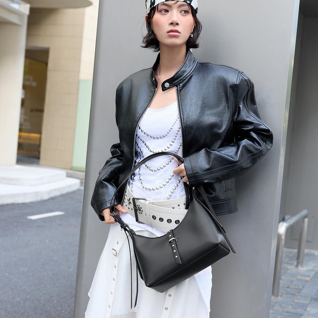 Charles & Keith Small CK Double Strap Studded Minimalist PU Underarm Shoulder Bag Women shoulder bag Black CK2-20782708