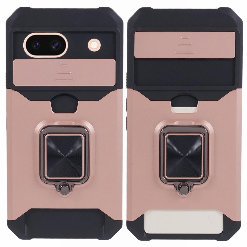 For Google Pixel 8a Cover Camera Slide Lid Card Holder Cell Phone Case with Ring Kickstand