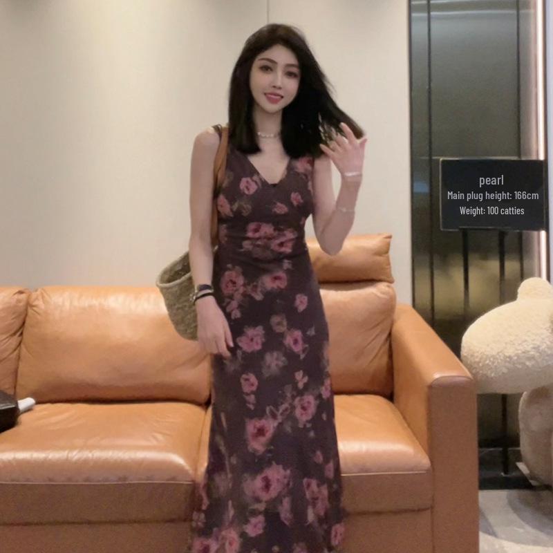 

Женский летний ретро цветочный комплект платья на бретельках-спагетти с облегающим талию платьем без рукавов и юбкой «рыбий хвост» XL (Recommended 120-135 Jin)