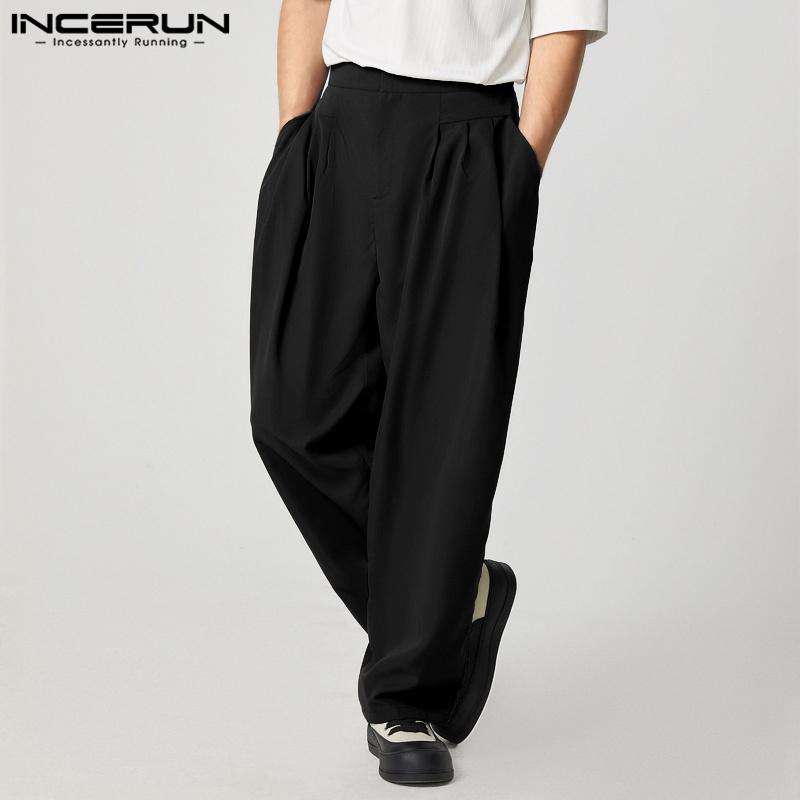 INCERUN Men Zipper Button Waist Casual Loose Baggy Long Wide Legs Pants Trousers