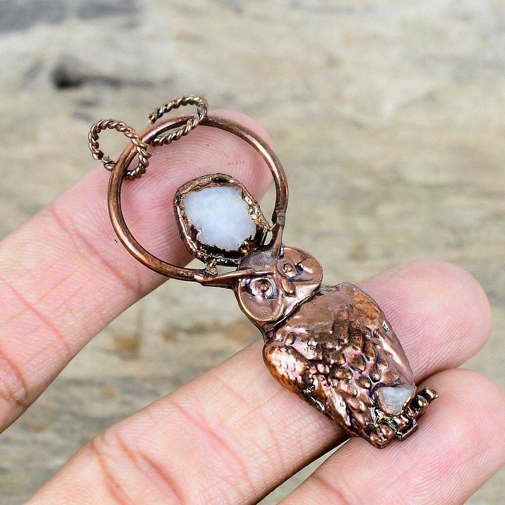 Rainbow Moonstone Rough Pendant Electroformed Copper Pendant Natural Gemstone Pendant Owl Pendant Handmade Copper Jewelry Anniversary Gifts