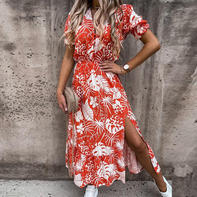 Spring and Summer Printed Short-sleeved V-neck Cinched Waist Slit Dress for Women